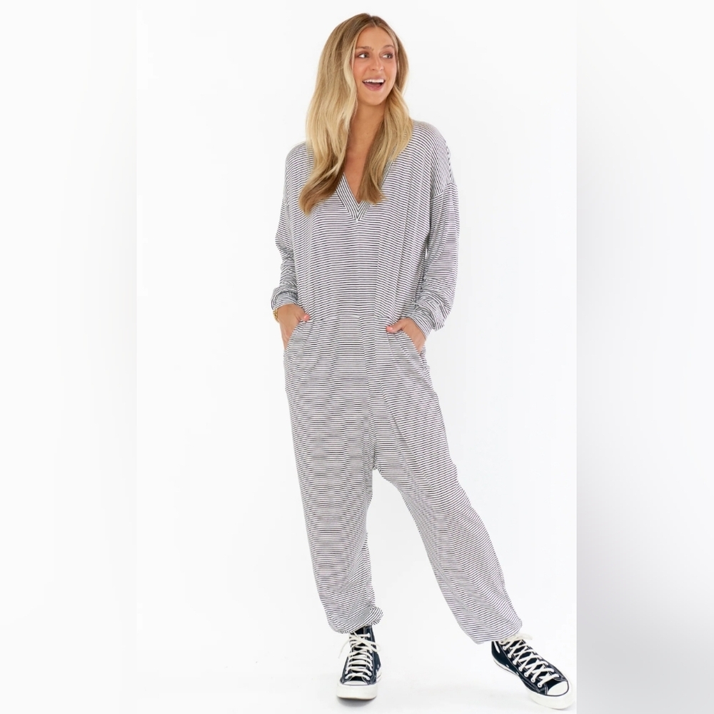 Show Me Your Mumu Jules V-Neck Jumpsuit Pockets Loungewear Striped Size L